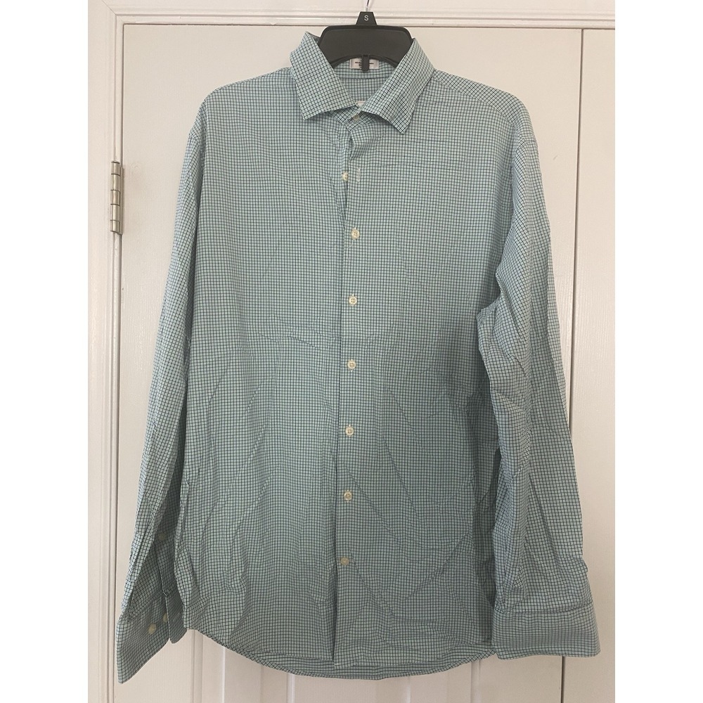 PETER MILLAR MENS LARGE Blue Green CHECK CLASSIC SPREAD COLLAR.